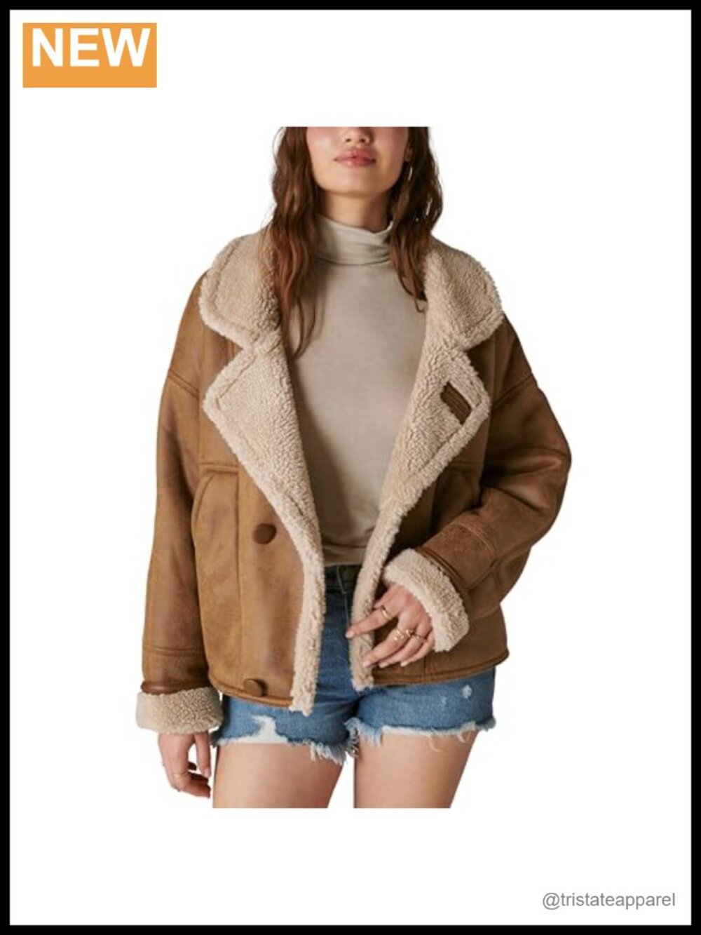 Women's Faux Shearling Moto Jacket Button Front Long Sleeve Aviator Style